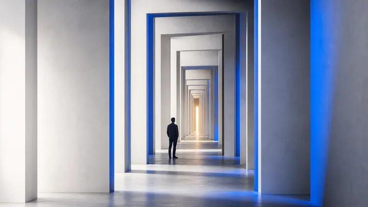 Una puerta cobalto entreabierta al final de un pasillo largo con múltiples umbrales sucesivos; una figura ámbar se detiene a mitad de camino. Ilustración editorial abstracta sin texto.
