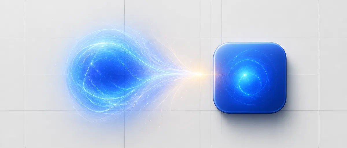 Una esfera de luz cobalto condensándose en un icono de app de esquinas redondeadas sobre una retícula mínima, con una chispa ámbar en el momento en que toma forma.