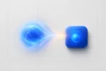Una esfera de luz cobalto condensándose en un icono de app de esquinas redondeadas sobre una retícula mínima, con una chispa ámbar en el momento en que toma forma.