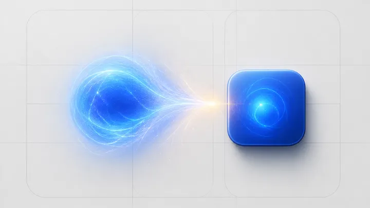 Una esfera de luz cobalto condensándose en un icono de app de esquinas redondeadas sobre una retícula mínima, con una chispa ámbar en el momento en que toma forma.