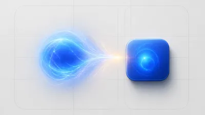 Una esfera de luz cobalto condensándose en un icono de app de esquinas redondeadas sobre una retícula mínima, con una chispa ámbar en el momento en que toma forma.