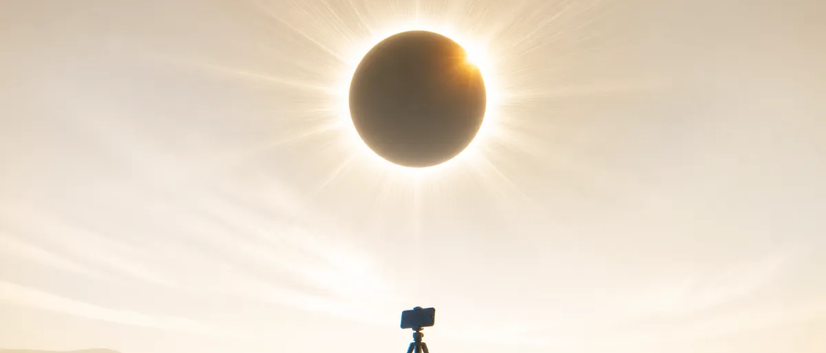 Ilustración editorial de un eclipse solar total bajo en el horizonte, con la silueta de un teléfono en trípode en primer plano