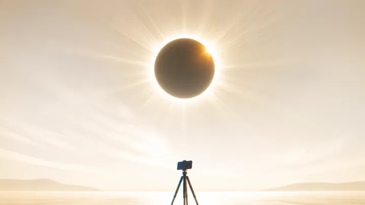 Ilustración editorial de un eclipse solar total bajo en el horizonte, con la silueta de un teléfono en trípode en primer plano