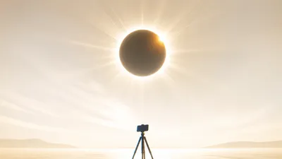 Ilustración editorial de un eclipse solar total bajo en el horizonte, con la silueta de un teléfono en trípode en primer plano