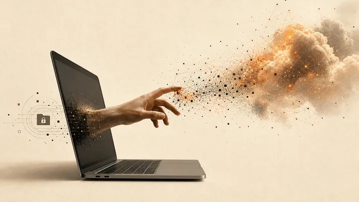 Una mano sale de la pantalla de un portátil hacia una nube de partículas de datos que se disuelven en la distancia, metáfora del contraste entre permiso local y procesamiento remoto.