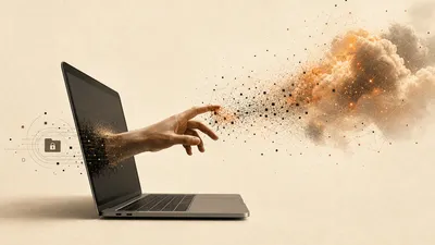 Una mano sale de la pantalla de un portátil hacia una nube de partículas de datos que se disuelven en la distancia, metáfora del contraste entre permiso local y procesamiento remoto.