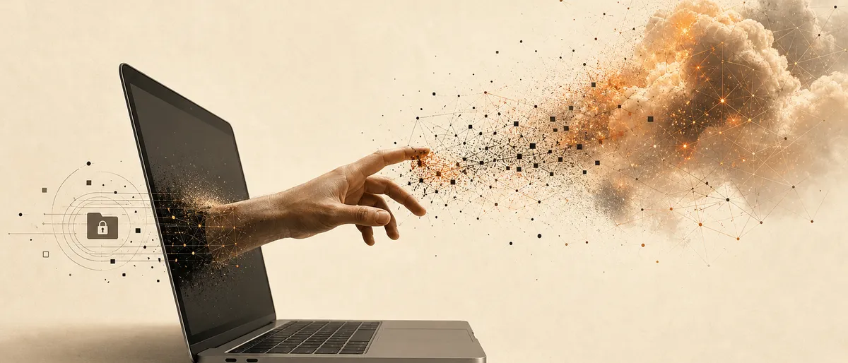Una mano sale de la pantalla de un portátil hacia una nube de partículas de datos que se disuelven en la distancia, metáfora del contraste entre permiso local y procesamiento remoto.