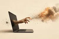 Una mano sale de la pantalla de un portátil hacia una nube de partículas de datos que se disuelven en la distancia, metáfora del contraste entre permiso local y procesamiento remoto.