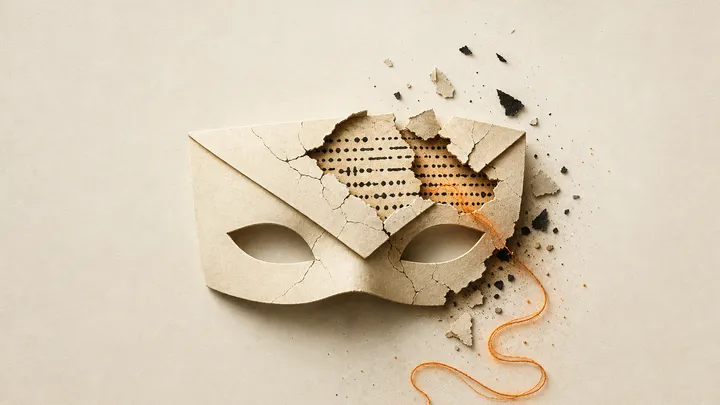 Un sobre de correo estilizado con una máscara que se resquebraja, dejando escapar un destello ámbar que revela lo que debía permanecer oculto.