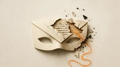Un sobre de correo estilizado con una máscara que se resquebraja, dejando escapar un destello ámbar que revela lo que debía permanecer oculto.