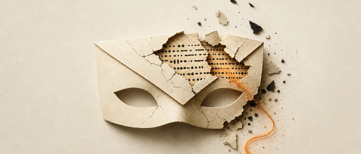 Un sobre de correo estilizado con una máscara que se resquebraja, dejando escapar un destello ámbar que revela lo que debía permanecer oculto.