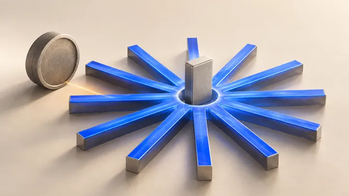 Una rueda de radios azul cobalto cuyo centro lo ocupa ahora una pequeña placa rectangular vertical, mientras la vieja pieza redonda del eje descansa de lado fuera de la rueda