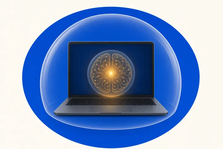 Un cerebro de IA brillando dentro de un MacBook protegido por una burbuja, sin cables que salgan: IA local y privada.