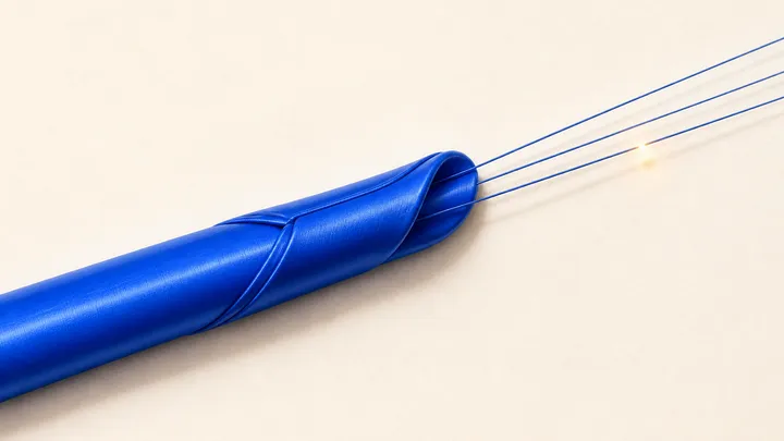 Un conducto sellado color cobalto del que se escapan tres hilos finos que continúan más allá del sello, sobre un fondo crema, con una chispa ámbar al final.