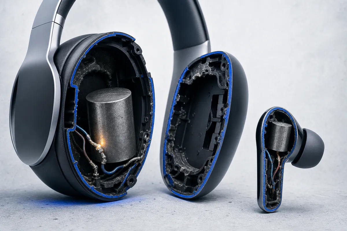 Sección transversal de unos auriculares premium que revela un cilindro de metal y cables mal soldados en su interior.