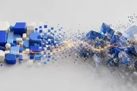Ilustración editorial abstracta: formas pixeladas que pasan de bloques planos y artificiales a una textura realista y nítida, con acento cobalto y una chispa ámbar.