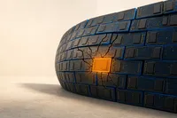 Un muro curvo de módulos de memoria con circuitos cobalto se comba y se agrieta; en el centro de la grieta un único chip arde en ámbar. Ilustración editorial abstracta, sin cifras ni logotipos.