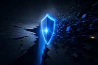 Un escudo de luz cobalto cerrando una brecha justo antes de una ola de formas fragmentadas tipo glitch, con un destello ámbar en el punto de contacto.