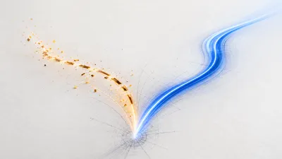 Ilustración editorial abstracta: dos senderos de luz que se bifurcan desde un mismo punto, uno cobalto y estable, otro ámbar y en construcción con fragmentos flotando, sobre un fondo neutro frío. Paleta cobalto/ámbar, estilo ColombiaMug, sin logos, sin texto, sin iconografía de iPhone literal.