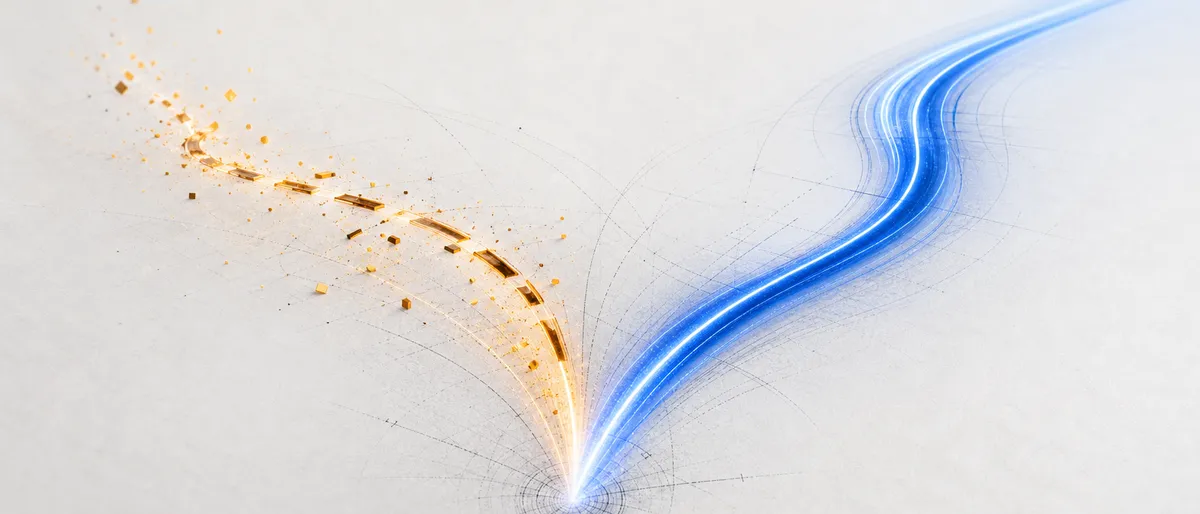 Ilustración editorial abstracta: dos senderos de luz que se bifurcan desde un mismo punto, uno cobalto y estable, otro ámbar y en construcción con fragmentos flotando, sobre un fondo neutro frío. Paleta cobalto/ámbar, estilo ColombiaMug, sin logos, sin texto, sin iconografía de iPhone literal.