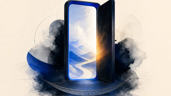 Un iPhone abierto como una puerta que revela un paisaje nuevo y luminoso, con una red de seguridad tendida debajo.
