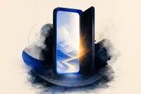 Un iPhone abierto como una puerta que revela un paisaje nuevo y luminoso, con una red de seguridad tendida debajo.
