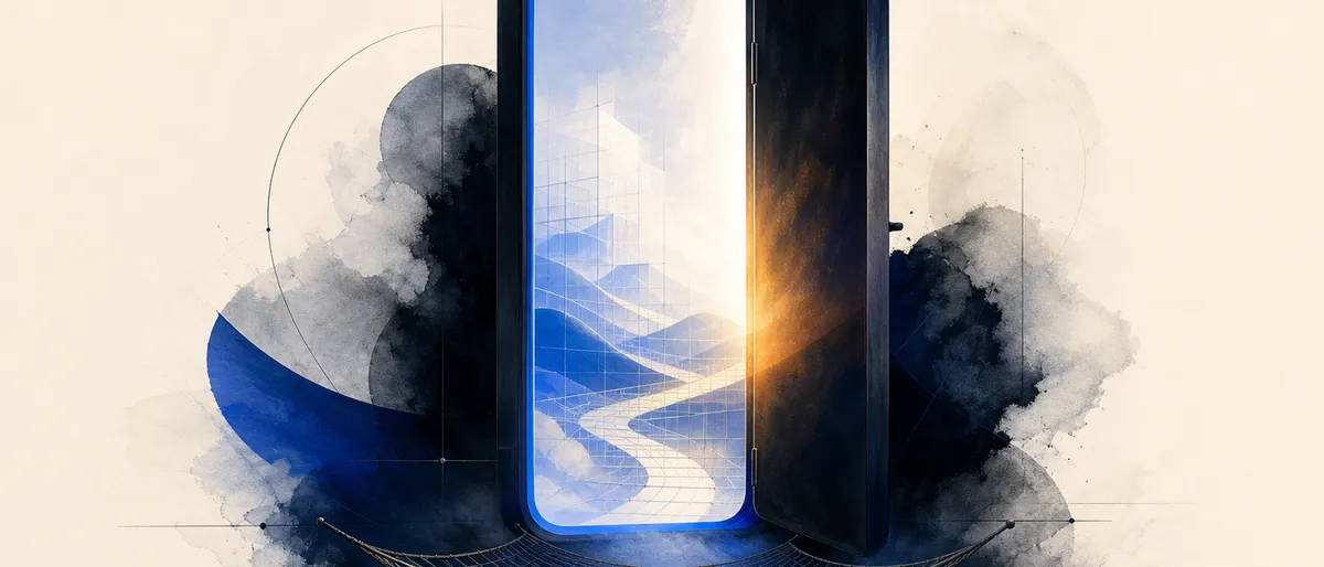 Un iPhone abierto como una puerta que revela un paisaje nuevo y luminoso, con una red de seguridad tendida debajo.