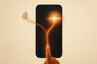 Un gesto de deslizar en la parte superior de una pantalla se bifurca en dos trazos de luz: uno se desvanece en una campana de notificación a la izquierda, el otro florece en una onda luminosa al centro.