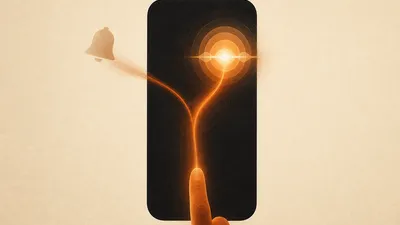 Un gesto de deslizar en la parte superior de una pantalla se bifurca en dos trazos de luz: uno se desvanece en una campana de notificación a la izquierda, el otro florece en una onda luminosa al centro.