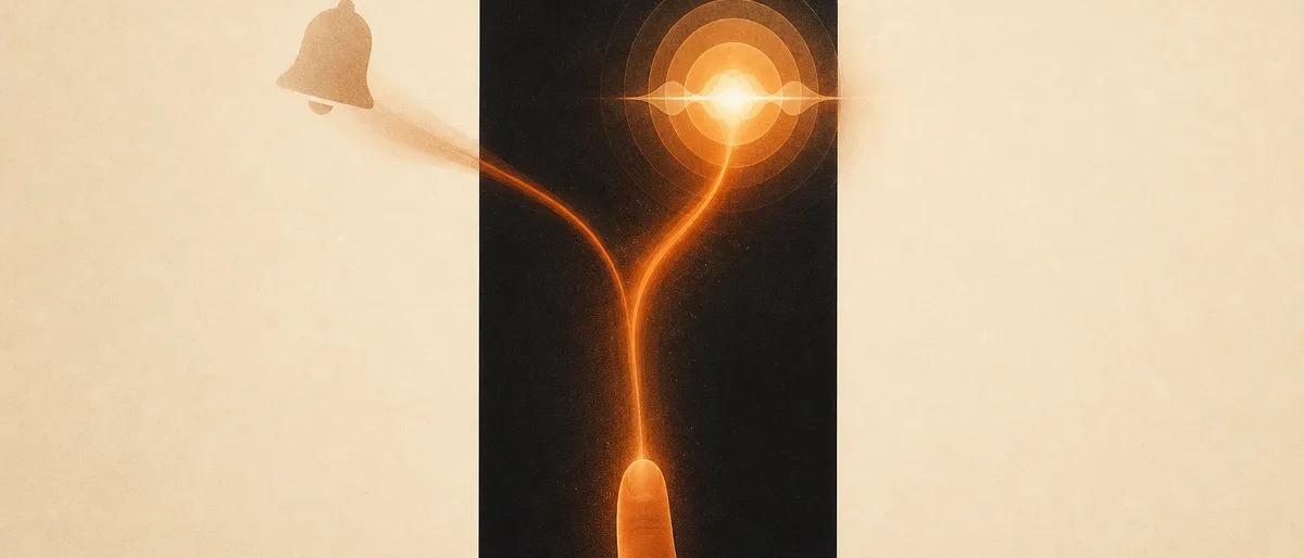 Un gesto de deslizar en la parte superior de una pantalla se bifurca en dos trazos de luz: uno se desvanece en una campana de notificación a la izquierda, el otro florece en una onda luminosa al centro.