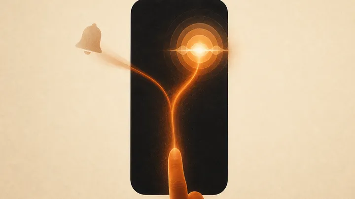 Un gesto de deslizar en la parte superior de una pantalla se bifurca en dos trazos de luz: uno se desvanece en una campana de notificación a la izquierda, el otro florece en una onda luminosa al centro.