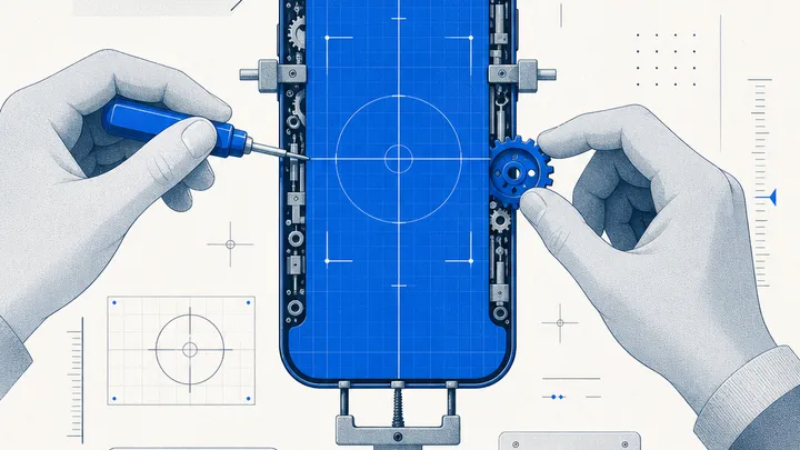 Forma de smartphone rodeada de diales de calibración, rejillas de alineación y engranajes en ajuste, metáfora de una beta de afinación