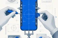 Forma de smartphone rodeada de diales de calibración, rejillas de alineación y engranajes en ajuste, metáfora de una beta de afinación