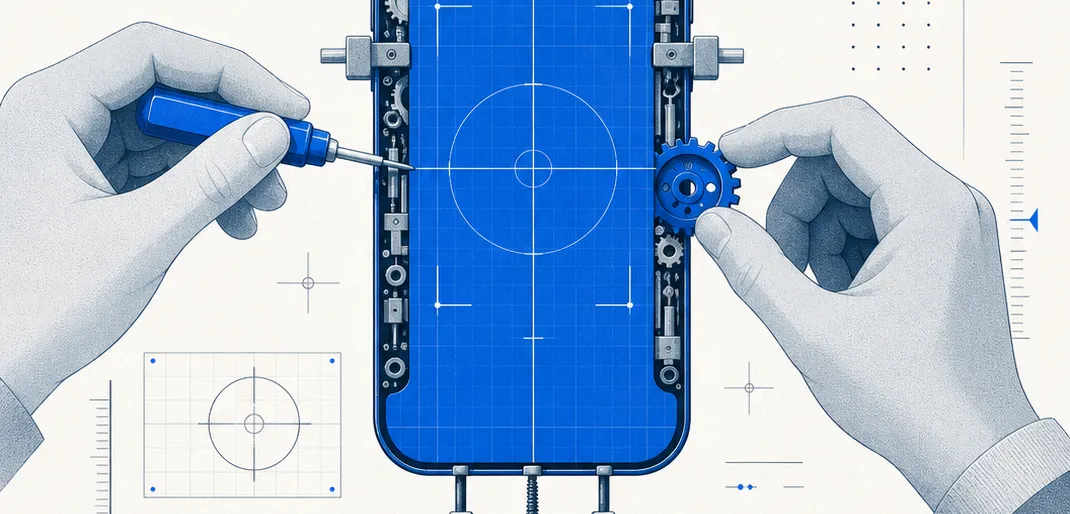 Forma de smartphone rodeada de diales de calibración, rejillas de alineación y engranajes en ajuste, metáfora de una beta de afinación