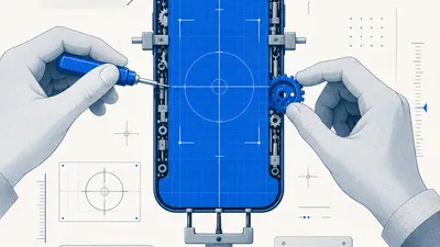 Forma de smartphone rodeada de diales de calibración, rejillas de alineación y engranajes en ajuste, metáfora de una beta de afinación
