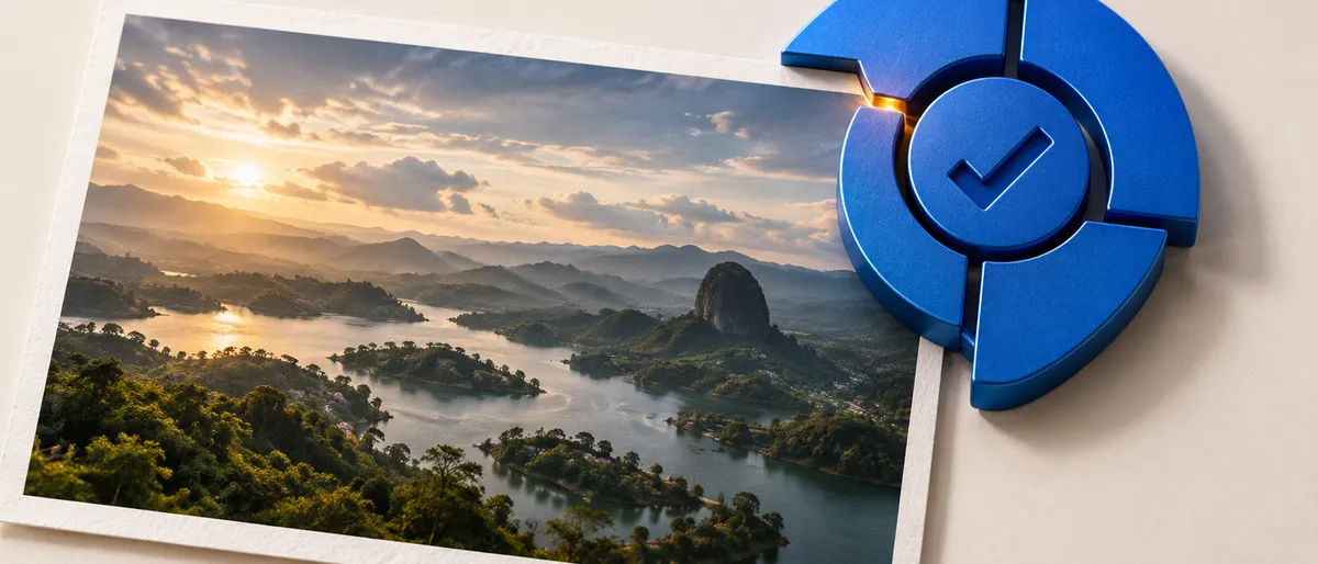 Ilustración conceptual de una insignia circular azul cobalto con un check, superpuesta sobre una fotografía de paisaje, como sello de autenticidad digital.