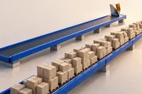 Dos cintas transportadoras azul cobalto en paralelo: una cargada de estibas con cajas de cartón idénticas y la otra completamente vacía salvo por una sola pieza metálica plegada, de interior ámbar, al final del recorrido