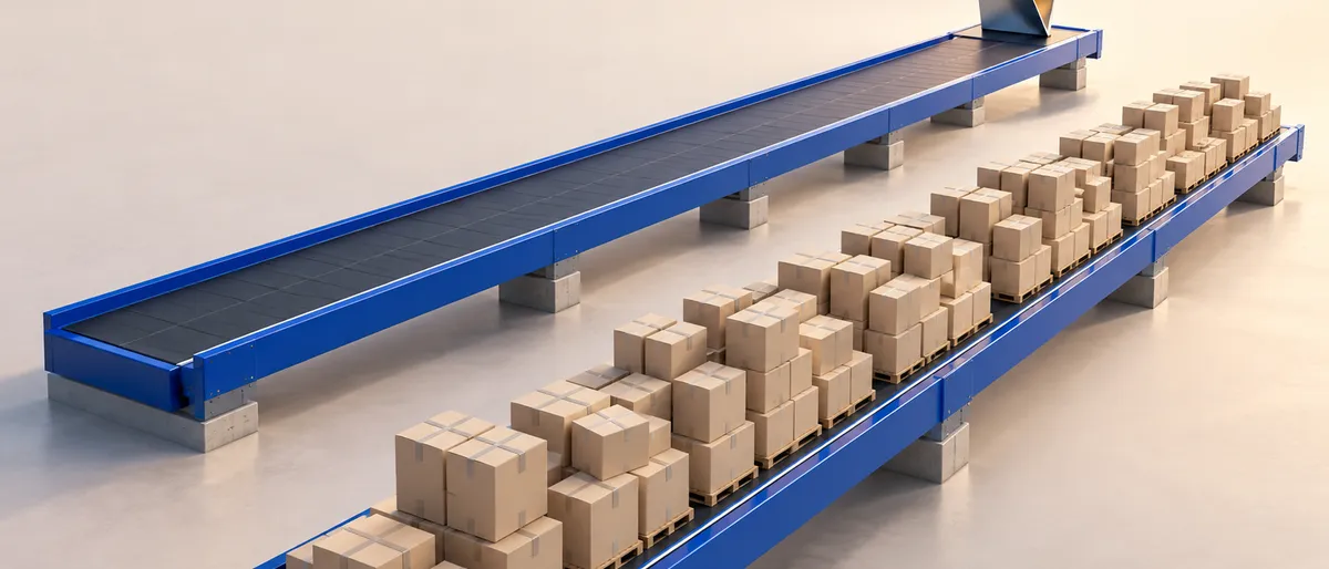 Dos cintas transportadoras azul cobalto en paralelo: una cargada de estibas con cajas de cartón idénticas y la otra completamente vacía salvo por una sola pieza metálica plegada, de interior ámbar, al final del recorrido