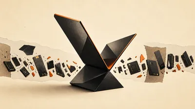 Una silueta plegable abstracta se abre con confianza sobre un fondo de fragmentos dispersos color ámbar, metáfora de Apple apostando fuerte por su producto más caro en medio de la escasez de componentes.