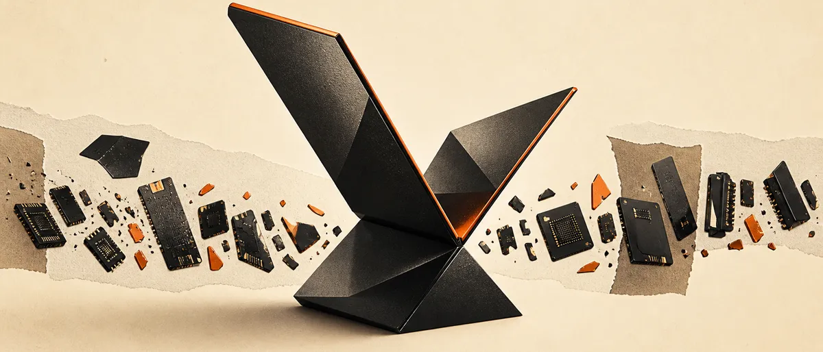 Una silueta plegable abstracta se abre con confianza sobre un fondo de fragmentos dispersos color ámbar, metáfora de Apple apostando fuerte por su producto más caro en medio de la escasez de componentes.