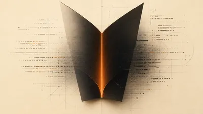 Silueta de un dispositivo plegable entreabierto emergiendo de líneas de código y una cuadrícula de planos técnicos, con acento ámbar en la bisagra