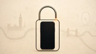 Ilustración editorial de un teléfono dentro de un candado de líneas cobalto, con una chispa ámbar en el cierre, sobre una trama urbana abstracta