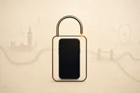 Ilustración editorial de un teléfono dentro de un candado de líneas cobalto, con una chispa ámbar en el cierre, sobre una trama urbana abstracta