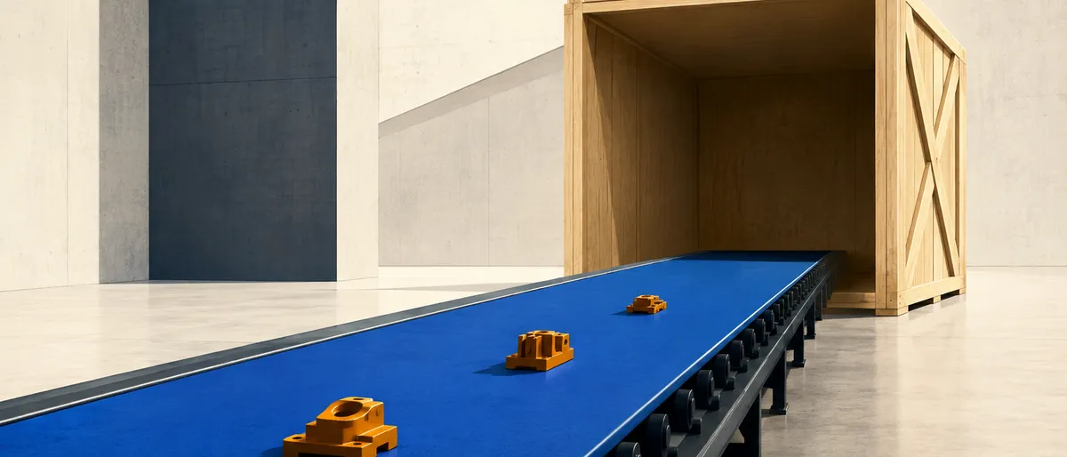 Una cinta transportadora azul cobalto que lleva apenas tres piezas ámbar hacia un enorme cajón de embalaje de madera vacío