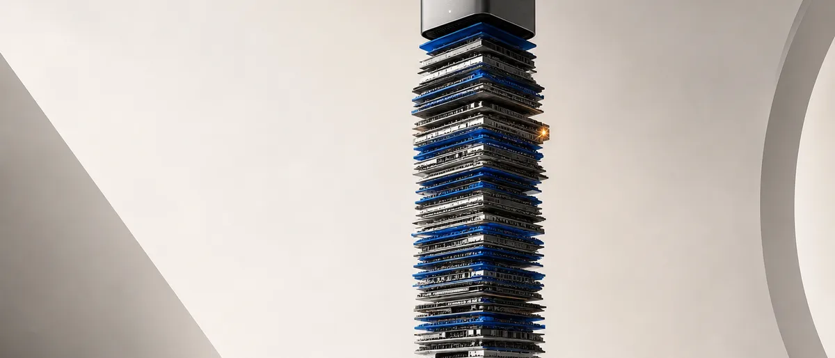 Un cubo de escritorio plateado encaramado en lo alto de una columna de módulos de memoria apilados, con un pedestal bajo y vacío a un costado, en tonos cobalto y un destello ámbar.