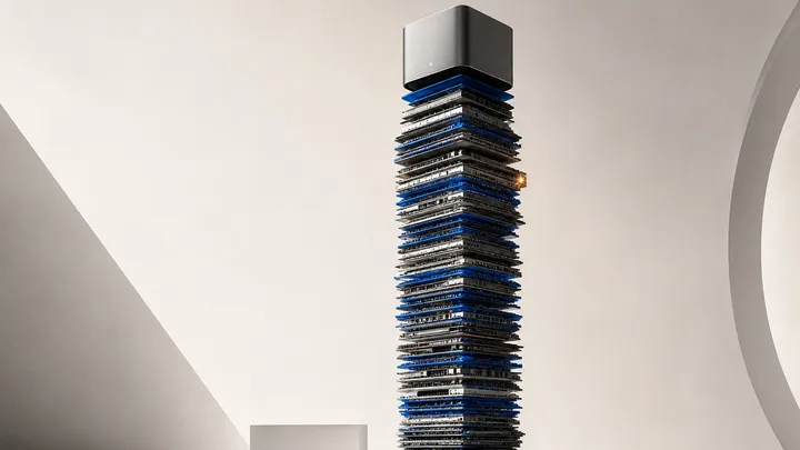 Un cubo de escritorio plateado encaramado en lo alto de una columna de módulos de memoria apilados, con un pedestal bajo y vacío a un costado, en tonos cobalto y un destello ámbar.