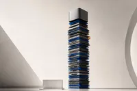 Un cubo de escritorio plateado encaramado en lo alto de una columna de módulos de memoria apilados, con un pedestal bajo y vacío a un costado, en tonos cobalto y un destello ámbar.