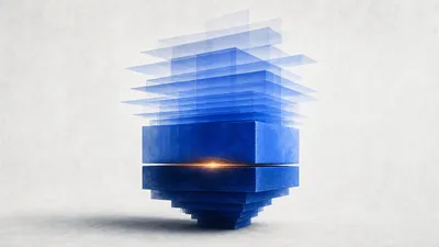 Un bloque de memoria unificada cobalto que se parte en dos: un lado se expande hacia arriba en capas translúcidas, el otro se comprime hacia abajo, con un destello ámbar marcando la fractura. Ilustración editorial abstracta, sin logos ni texto.