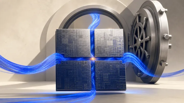 Cuatro dies de silicio unidos borde con borde formando una placa mayor, con cintas de datos cobalto atravesándolos y la puerta de una bóveda abierta detrás.
