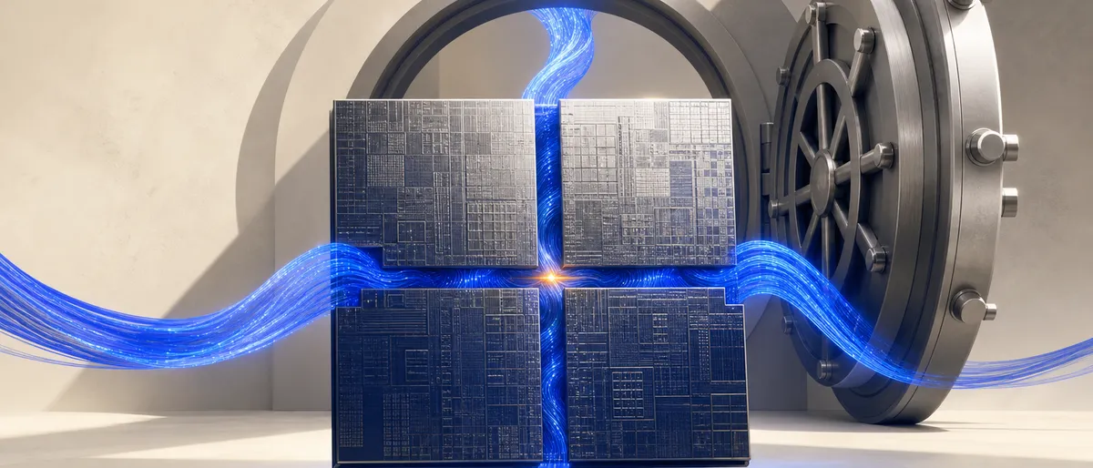 Cuatro dies de silicio unidos borde con borde formando una placa mayor, con cintas de datos cobalto atravesándolos y la puerta de una bóveda abierta detrás.
